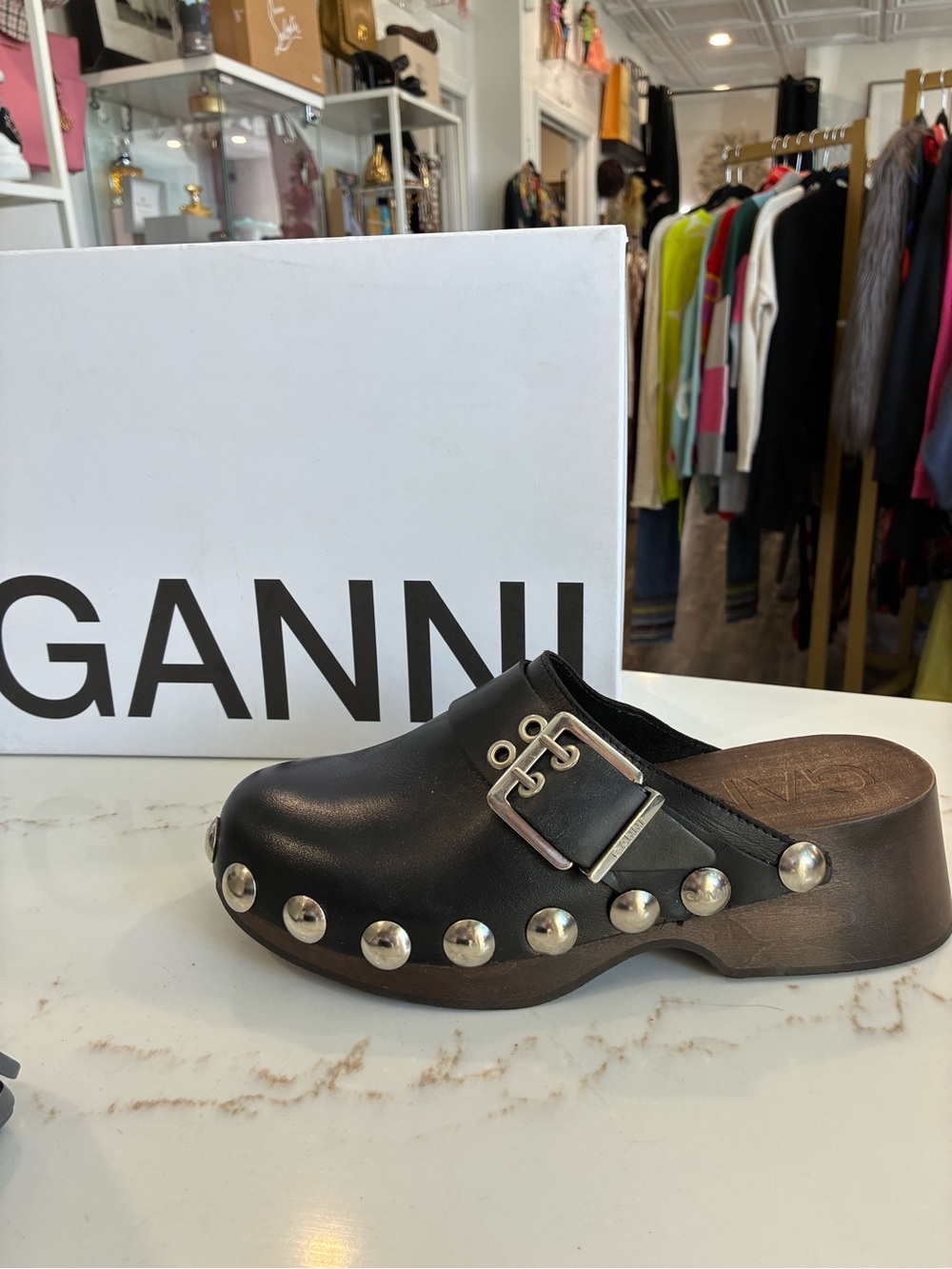 Ganni Black Leather Studded Clog Mule with Silver Buckle